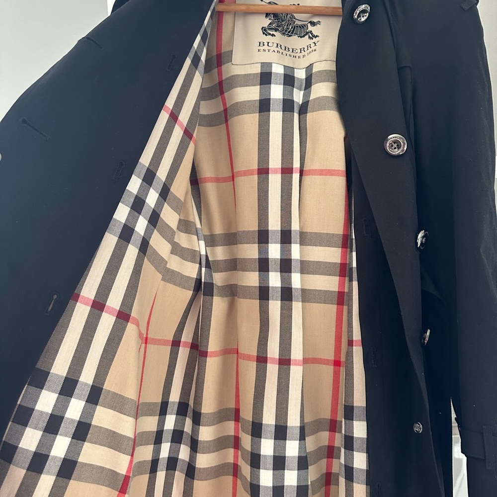 Black Burberry Trench Coat, Full Length Classic Check Liner Double Breasted US 4 - Picture 4 of 9